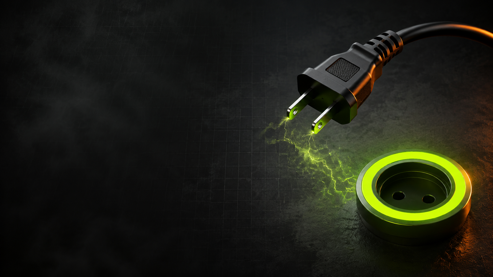 A charging cable unplugging from an abstract metal token, with an electric lime signal between them.
